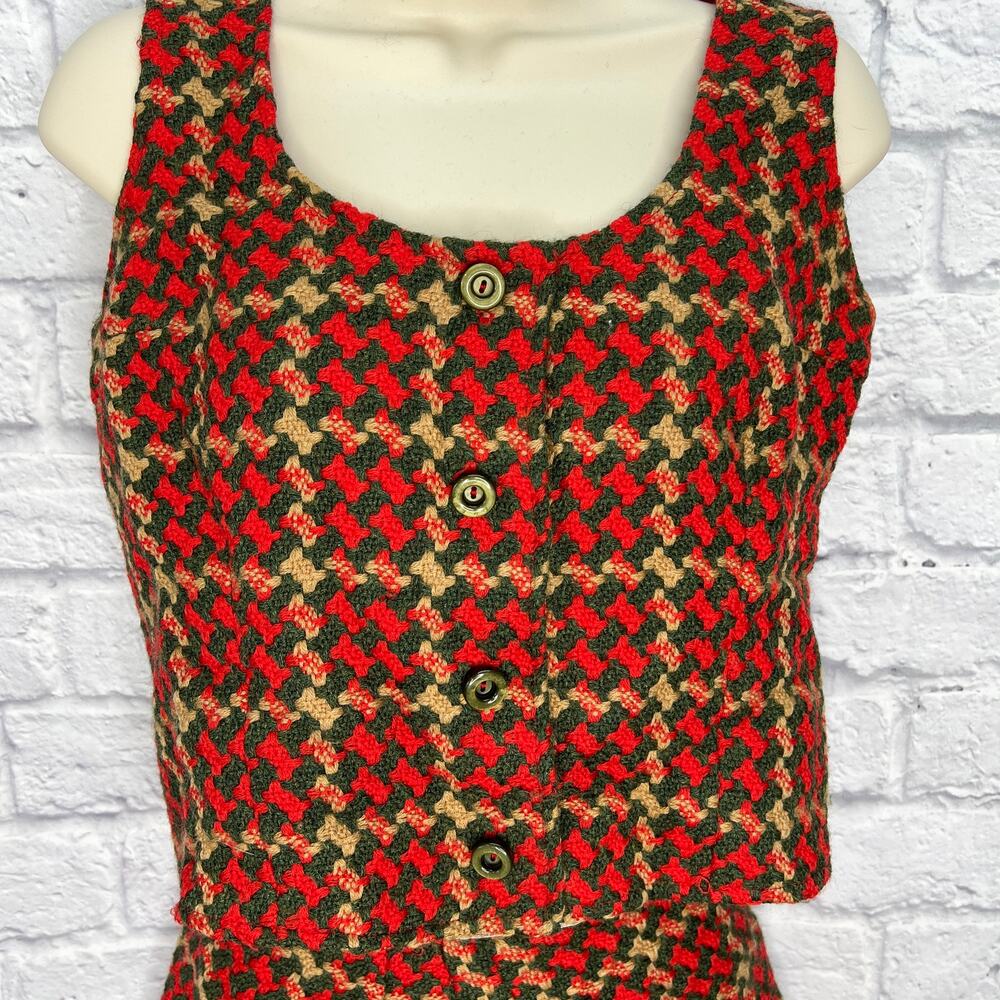 Vintage Handmade 2 Piece Outfit Pencil Skirt Cropped Vest Red Green Tweed M/L - Picture 3 of 10